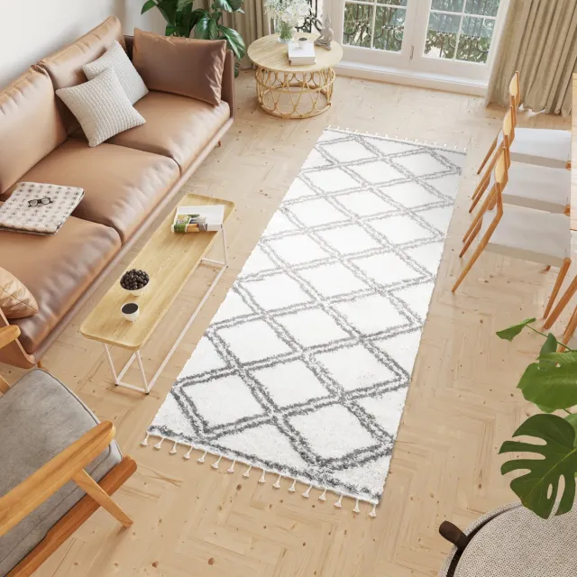Tapiso Boho Loper Lichtbeige Grijs Hoogpolig Kwastjes Woonkamer Vloerkleed Maat- 100x400 Beige Grijs 1