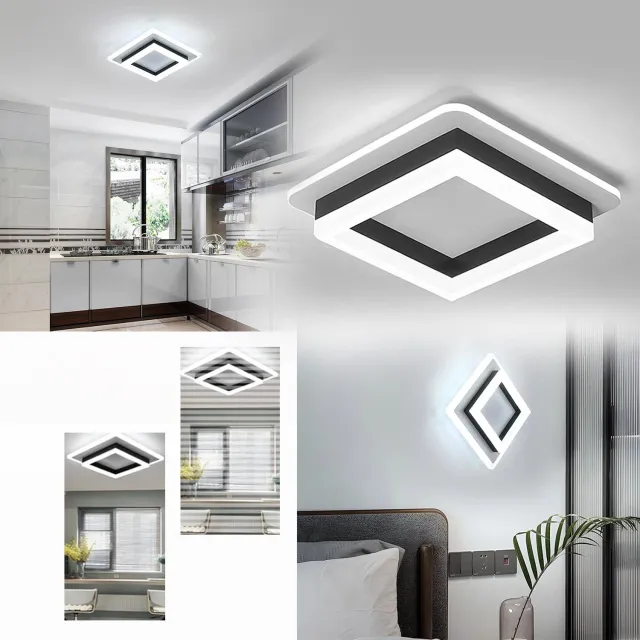 Buyya Led-Plafondlamp 24w, Zeer Heldere, Moderne Led-Plafondlamp 2400 Lm,Vierkante Acryl Plafondlamp, Koel Wit 6500k. Zwart-wit