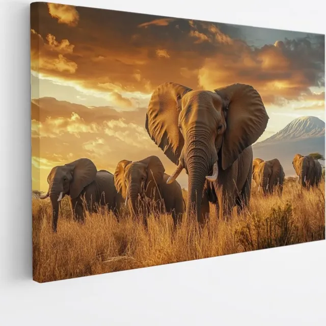 Saammp Canvas Schilderij - olifanten in de Savanne tijdens een trek - Dieren - 90x60 - Foto op canvas - Wanddecoratie - muurdecoratie Woonkamer - Slaapkamer decoratie - Canvas Print Multicolor