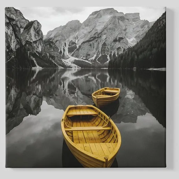 Trendex Global Vierkant Canvas Schilderij - Gele Roeiboten - Bergmeer - 40x40 cm Geel
