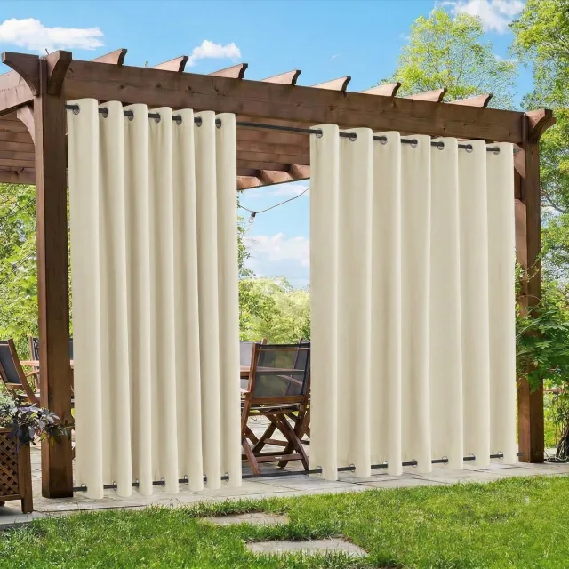 Qelus Winddicht Buitengordijn Extra Breed 254cm - Outdoor Gordijn Boven & Onder Oogjes - Waterdicht Verduisterend - Rideau Extérieur Imperméable - 254x213cm - Beige(1 Stuk)
