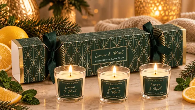 DSB Lemon & Mint Cracker Giftset – 3 Luxe Sojakaarsen – Handgegoten & Natuurlijke Geurcadeaus Groen/goud