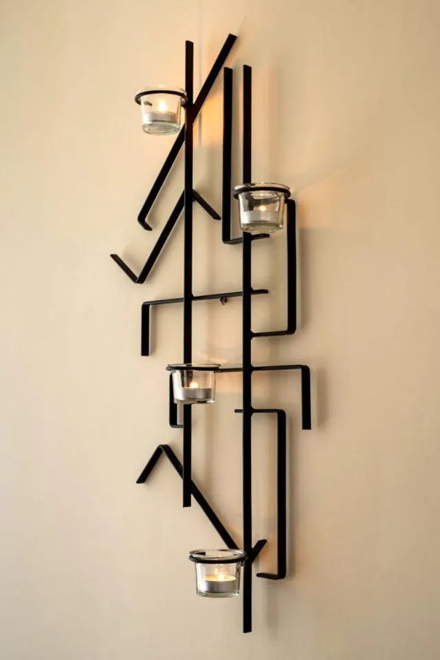 ‎DanDiBo Wandtheelichthouder voor 4 theelichtjes - Zwart metaal - 73 cm