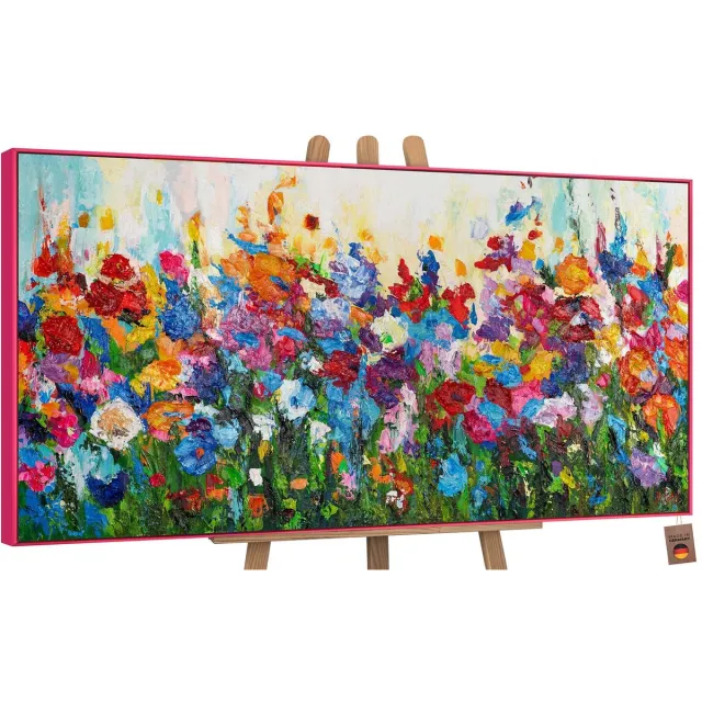 YS Canvas schilderij groot handgeschilderd bloemenkleuren botanisch uitbundig – YS-Art Gallery – Vrolijke wanddecoratie voor woonkamer – Modern schilderij voor slaapkamer en hal Pink