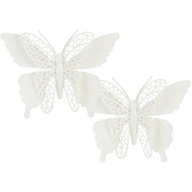 House of Seasons Kerstboomversiering Vlinder - 2x stuks - 16 cm - wit glitter - op clip