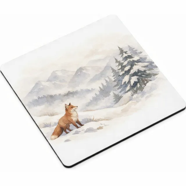 Mr Cadeautjes MDF magnetische fotolijst vierkant 9,5 - design Een bergwinter-scène met een vos die op een besneeuwde helli | cadeau Wit