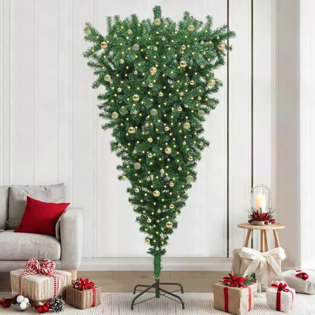 vidaXL Ondersteboven Kunstkerstboom met Verlichtingsset en Ballen Groen