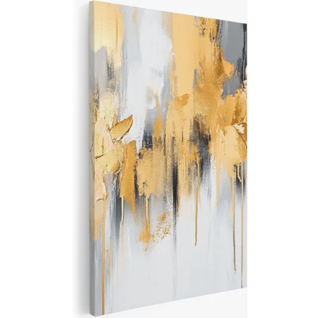 Saammp Canvas Schilderij - Goud grijs penseelstreken - Abstract kunstwerk - 60x90 - Foto op canvas - Wanddecoratie - Muurdecoratie Woonkamer - Slaapkamer decoratie - Canvas Print Multicolor