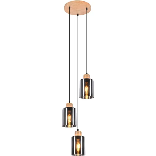 Glitzerlife Hanglampen - Retro Industriële Stijl - 3xE27 - Glas en Hout - Rookgrijs Zwarte Kap - Ø22cm - Hanglampen Eetkamer Industrieel Verstelbaar - Geschikt voor Keuken Woonkamer Natuurlijk Hout Schijf