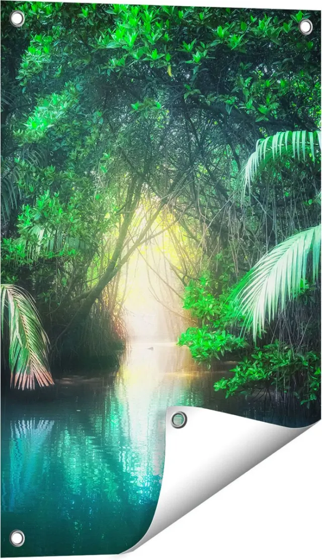 Gards Tuinposter Tropische Jungle met een Turquoise Meer - 40x60 cm - Tuindoek - Tuindecoratie - Wanddecoratie buiten - Tuinschilderij Multikleur