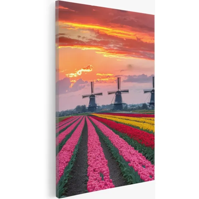 Saammp Canvas Schilderij - Kleurrijk Tulpenveld Met Molens - Natuur - Landschap - 100x150 - Foto op canvas - Wanddecoratie - Muurdecoratie Woonkamer - Slaapkamer decoratie - Canvas Print Multicolor
