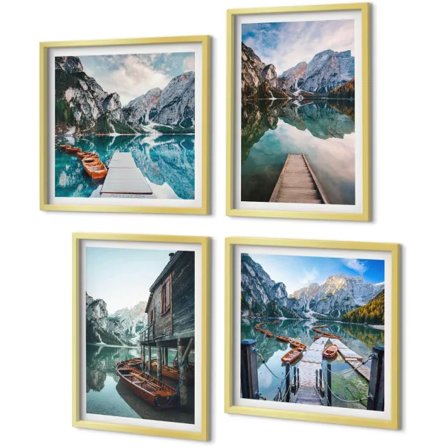 Coloray 4-Delige Schilderij Set - Een rustig meer in de bergen met houten bootjes. - 40 x 40 cm en 40 x 60 cm - Decoratieve Schilderijen - Woonkamer - Interieur - Stijlvolle Muurdecoratie Gouden lijst