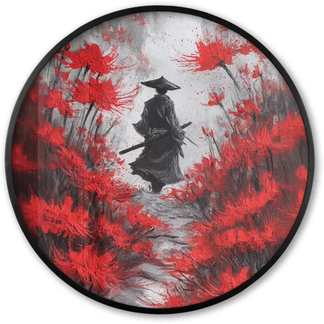 FrameYourWall Poster in lijst Rond - Fotolijst 60x60 cm - Posters - Rode bloemen - mistig - Man - Ronde posterlijst zwart - Decoratie - Wanddecoratie woonkamer - Muurdecoratie slaapkamer Bloemen - Man - Mistig