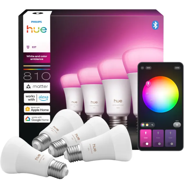Philips Hue Led A60 Wit En Gekleurd Licht E27 Fitting 4-pack Slimme Ledlamp