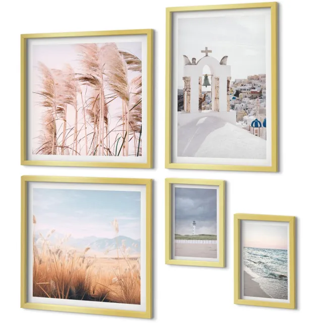 Coloray 5-Delige Schilderij Set - Stijlvolle Kustlandschappen Met Architectuur En Natuur - 50 x 50 cm, 20 x 30 cm En 40 x 60 cm - Moderne Wanddecoratie - Woonkamer - Interieur Decoratie Gouden lijst