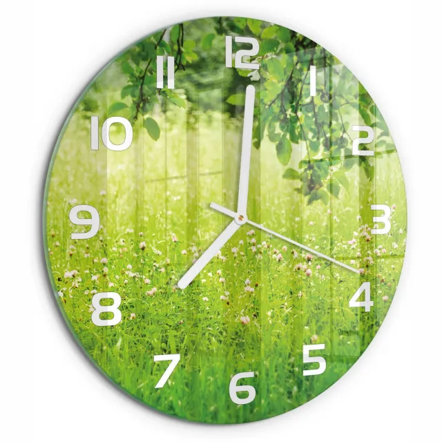 TULUP Wandklok - Groene weide Moderne Wandklok Glas - fi30 cm - Groente Wandklok Glas Decoratie - Witte handen - Ronde Klok - Glazen Wandklok Design - Klok Glas Met Opdruk
