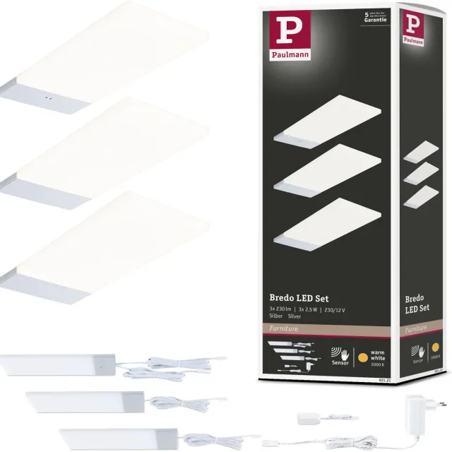 Paulmann LED-onderkastverlichting Bredo Naderingsschakelaar Set van 3 3x2,5W 80x190 mm 3x180lm 230/12V Zilver