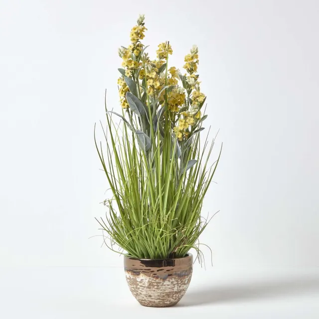 Homescapes kunstbloemen lavendel in bruine pot, geel, 66 cm hoog