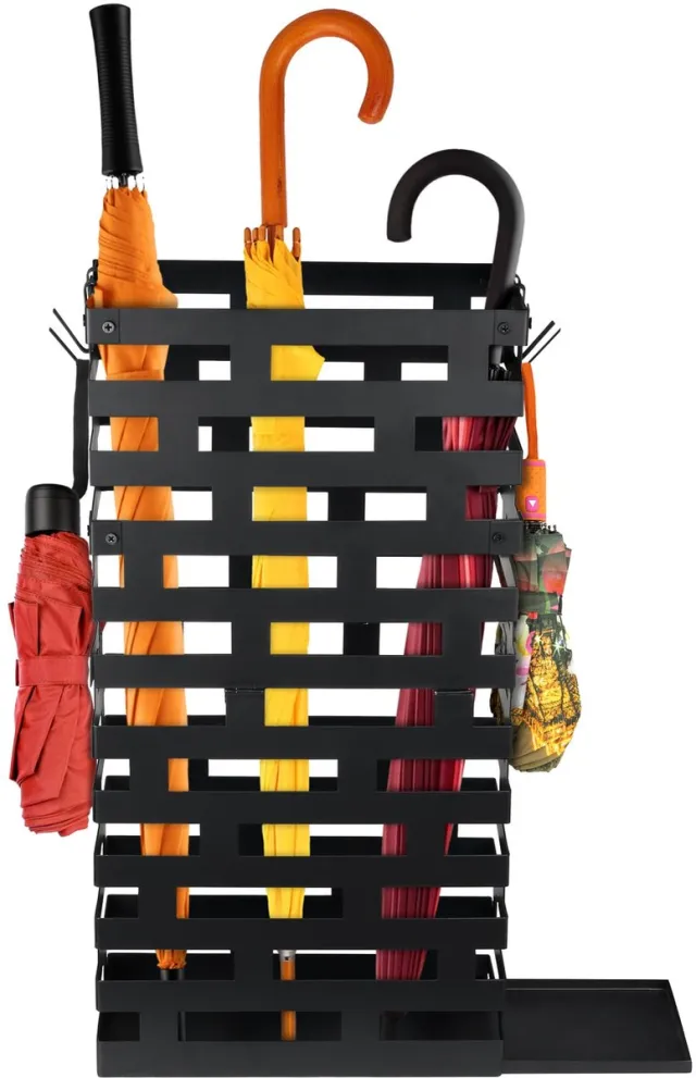 Famanu Grote metalen paraplustandaard, 30 x 15 x 58 cm, met haak en uitneembare wateropvangbak, zwart