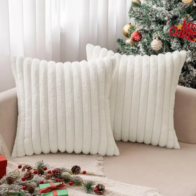 Famanu Kerst kussenslopen 40x40 cm wit set 2, fluweel met imitatiebont, superzacht decoratief bankkussen, wasbaar