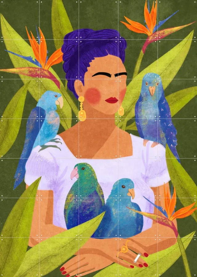 IXXI Frida And Birds, Raissa Oltmanns - 100 x 140 cm - Grote wanddecoratie en posters - Fantasierijk, Digitale Kunst, Pop art, Retro, Surrealisme Groen / Blauw