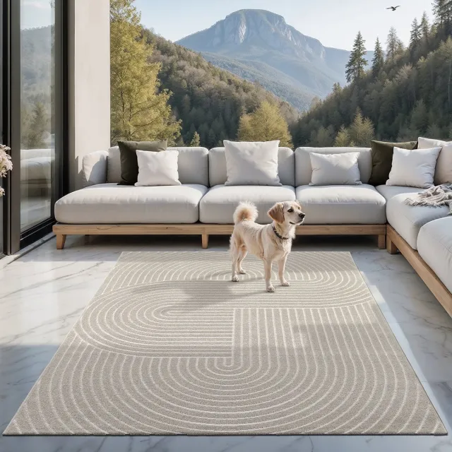 the carpet Santo Plus – Weerbestendig Outdoor Vloerkleed met 3D Patroon – Geschikt voor Balkon, Terras en Woonkamer – Beige met Boho-Accenten – 160 x 220 cm