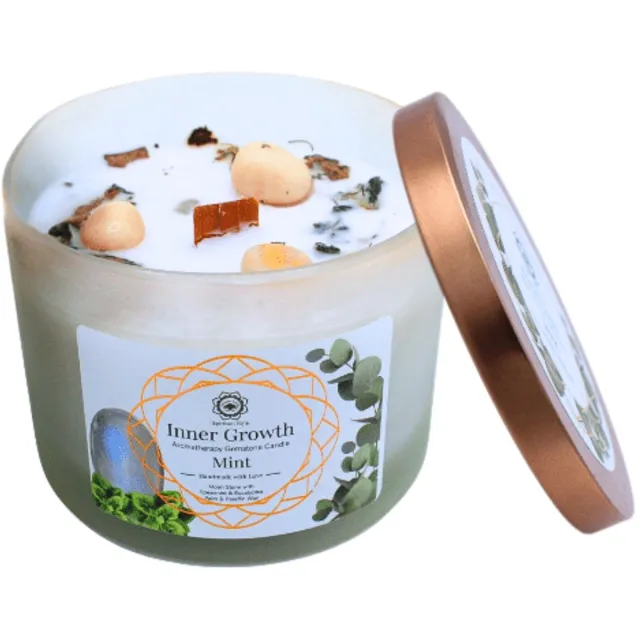 Green Tree Edelsteenkaars - Aromatherapie - Geurkaars - Inner Growth - Mint - met edelstenen - 256g Maansteen