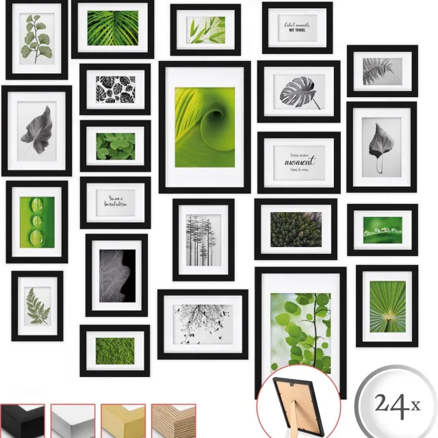 bomoe Nature Set van 24 Fotolijsten Houten Picture Frames - 10x 10,5x15cm / 8x 13x18cm / 4x 15x20cm / 2x 20x30cm - kunststof glas Fotolijst van Hout - Metalen Ophanging - Standaard & Passepartout - Zwart