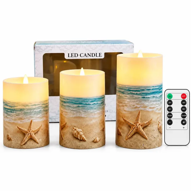 SWGOTA led kaarsen set van 3 met zeester- en schelpdecoratie, puntvormige vlam, warm licht, afstandsbediening en batterijvoeding, in vensterdoos Beige