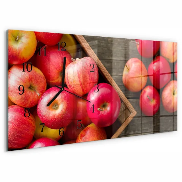 TULUP Wandklok - Appels Moderne Glazen Wandklok - 60x30 cm - Rood Wandklok Glas Met Motief - Zwarte Handen - Rechthoekige Wandklok - Glazen Wandklok Design - Klok Glas Met Opdruk Rood - Appels