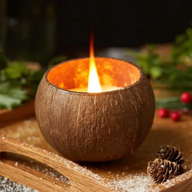 Jungle Culture Coconut shell candle - Geurkaars - Kokosnoot - Giftbag - Cadeauzakje - Biologisch katoen - Vegan - Sojawas - Kado in zak - Duurzaam bruin