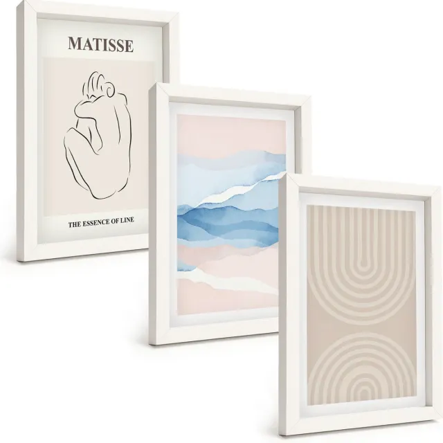 TULUP 3-Delige Schilderij Set - Lijnen en golven in pasteltinten met een minimalistisch accent. - 20x30 - Muurdecoratie - Schilderijen Set - Woonkamer - Woonkamer Decoratie Witte lijst