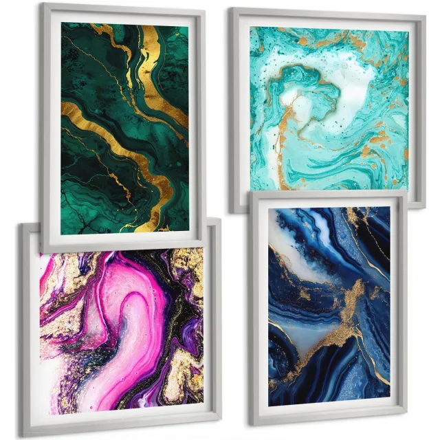 TULUP 4-Delige Schilderij Set - Abstracte patronen in tinten roze, groen en blauw. - 40 x 40 cm en 40 x 60 cm - Moderne Wanddecoratie - Woonkamer - Interieur Decoratie Zilveren lijst