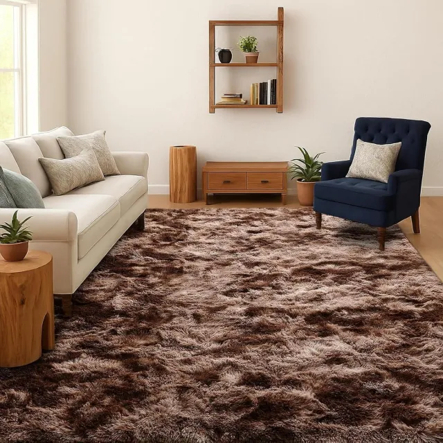 Provento Hoogpolig Tapijt voor Woonkamer en Slaapkamer, Wasbaar en Antislip, Pluche Langpolig Vloerkleed in Tie-Dye Stijl, 120x180 cm, Bruin - Zachte Bedekking Mat met Trendy Look. Any
