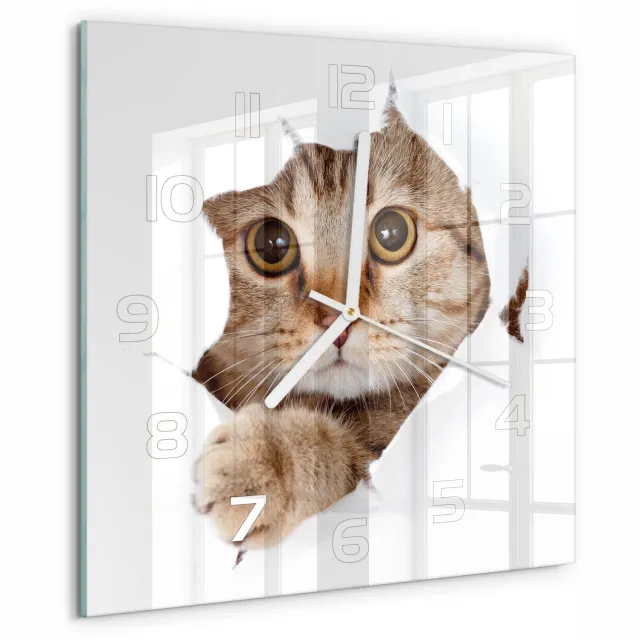 TULUP Wandklok - Kat Decoratieve Glazen Klok - 30x30 cm - Beige Glazen Wandklok Design - Witte handen - Vierkante Klok - Glazen Klok Met Print - Wandklok Glas Met Motief