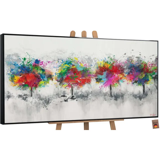 YS Canvas schilderij groot handgeschilderd kleurrijk woud natuur bos – YS-Art Gallery – Frisse wanddecoratie voor woonkamer – Modern schilderij voor slaapkamer en hal Black