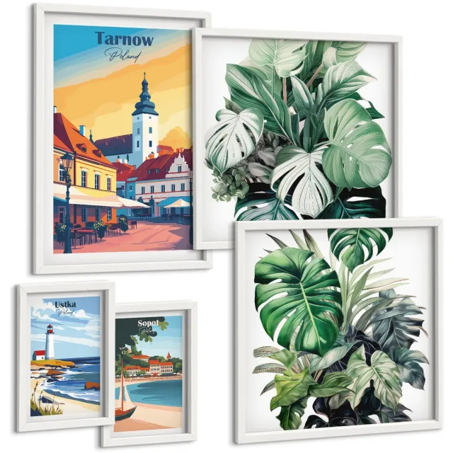 Coloray 5-Delige Schilderij Set - Poolse Kuststeden Met Plantmotieven - 50 x 50 cm, 20 x 30 cm En 40 x 60 cm - Wanddecoratie - Woonkamer Decoratie Witte lijst