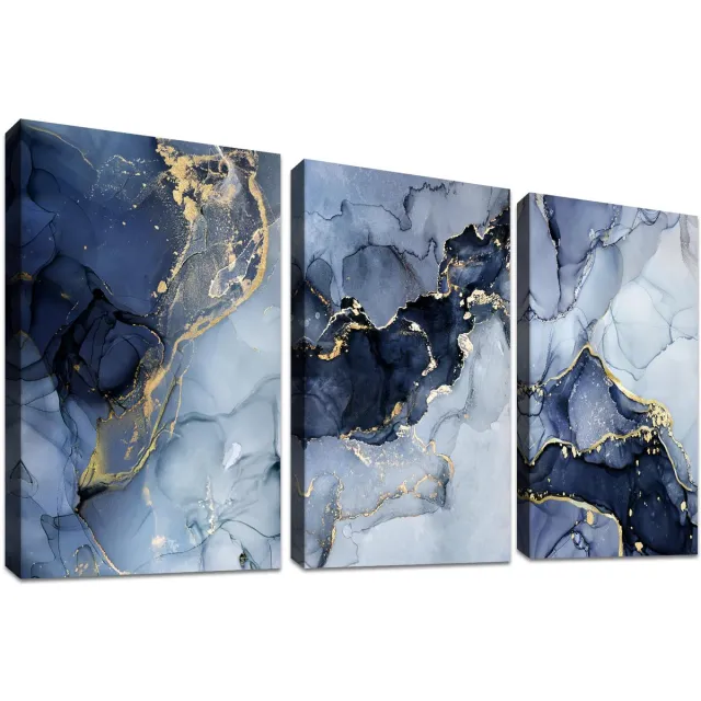 Ibenzoa Drie Stuks Abstracte Marmer Kunstwerken op Canvas voor Moderne Woonkamer Decoratie blauw