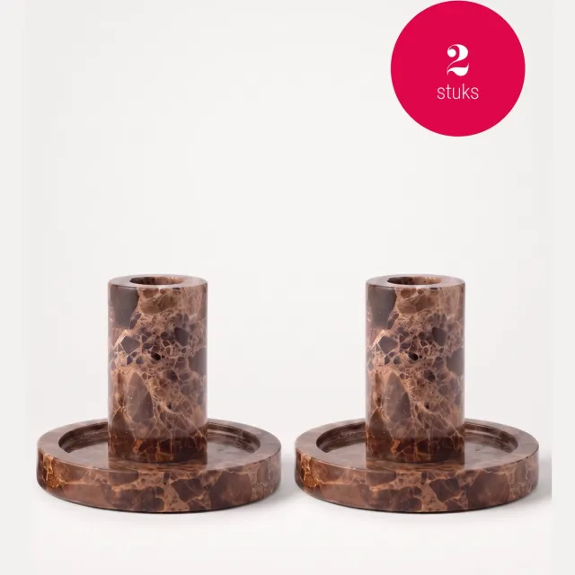 vtwonen Kandelaars - Marmer - Bruin - Set van 2 - 10,2 x 7,9 cm