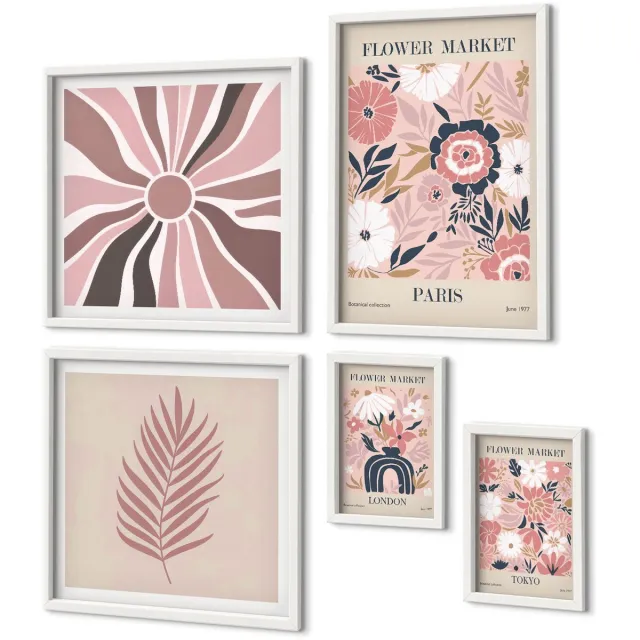 Coloray 5-Delige Schilderij Set - Bloemenmarkten Uit Wereldsteden In Boho-Stijl - 50 x 50 cm, 20 x 30 cm En 40 x 60 cm - Wanddecoratie - Muurdecoratie - Moderne Interieurdecoratie - Woonkamer Decoratie Witte lijst