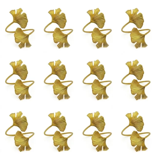 NUVEX Goudkleurige servetringen set van 12 stuks – metalen servet ringen met decoratief ginkgo blad ontwerp – open servethouders met dubbele bladeren voor eettafel bruiloft diner feest banket en tafeldecoratie
