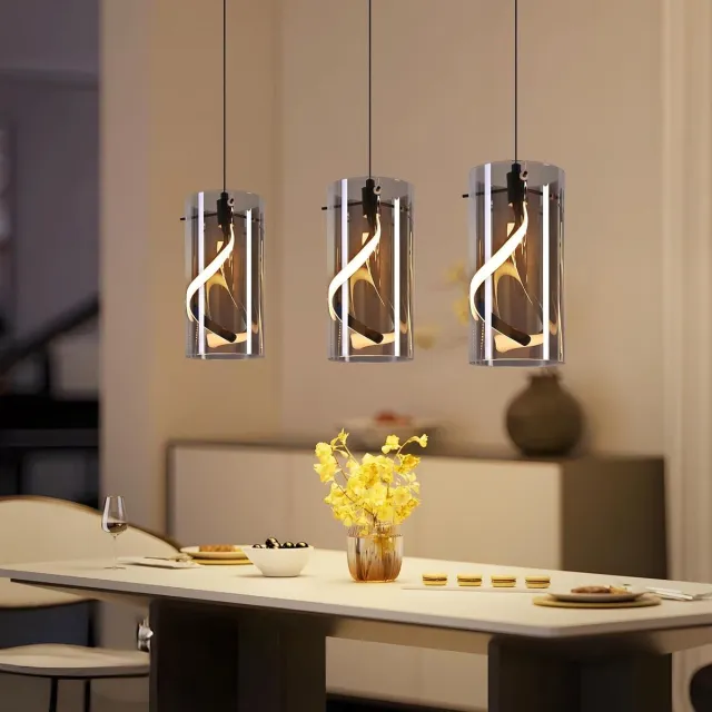 Glitzerlife Hanglampen - 3-lichts - 3xLED - 23W 3000K warm wit - In hoogte verstelbaar - Glas - Ø48cm - Rookgrijs-Zwart - hanglamp eetkamer - hanglamp keuken Mat Zwart