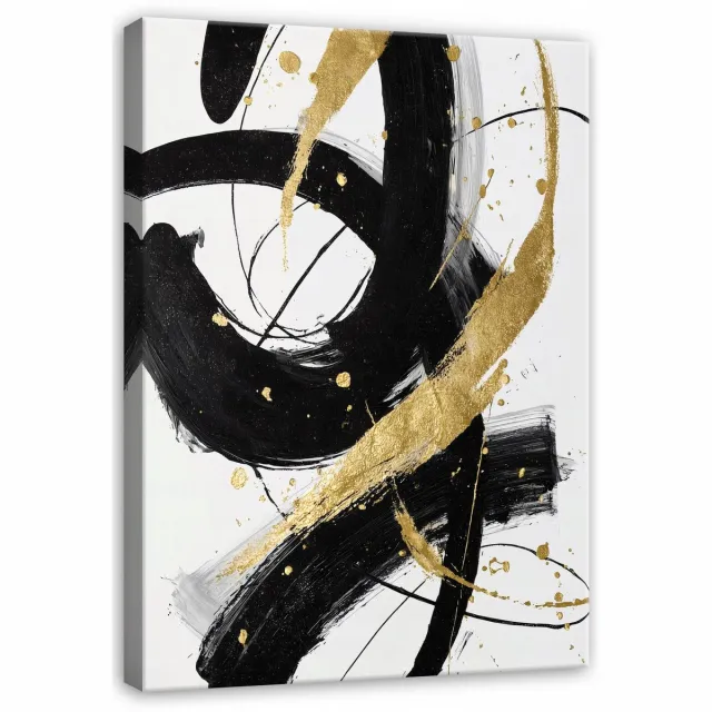 WALLARENA Schilderij op canvas - 100x70 cm - abstract gouden glamour zwart patroon - Geschikt voor slaapkamer en woonkamer Veelkleurig