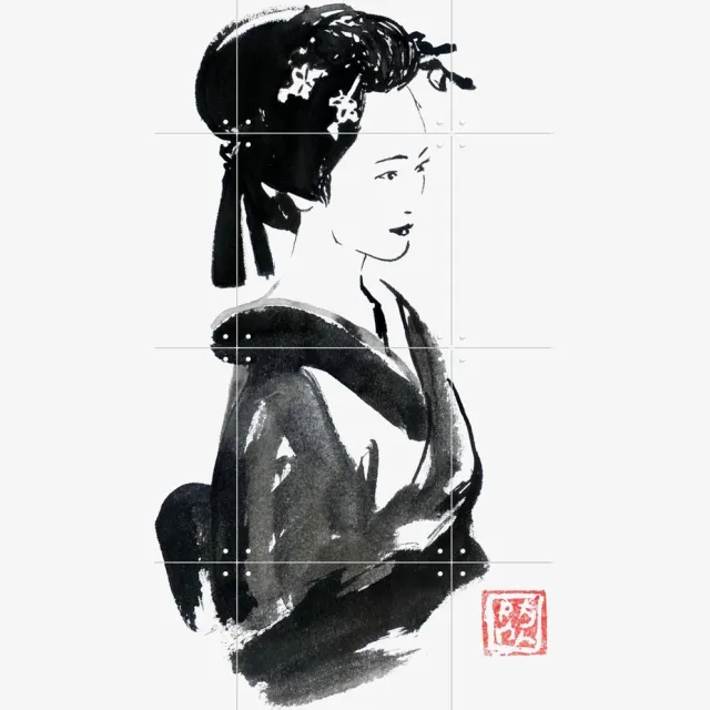 IXXI Beautiful Geisha, Péchane - 60 x 80 cm - Grote wanddecoratie en posters - Klassiek, Illustraties, Portretten Lichte tinten / Zwart en wit