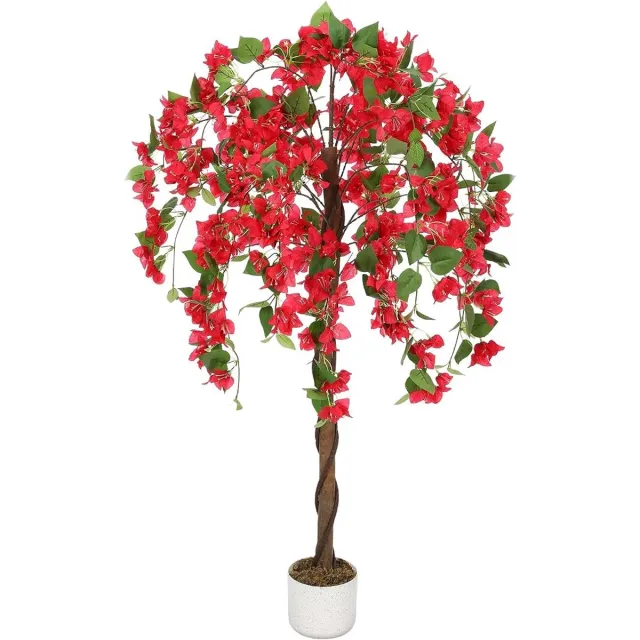 HOERFURIY kunstbuganvilla, enkel stuk 120cm roode natuurlijke houtsteel, real-touch polyester met 168 bloemen en 252 bladeren inclusief zwarte pot