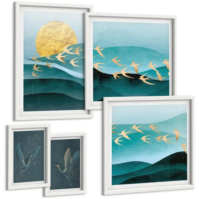Coloray 5-Delige Schilderij Set - Harmonie Van De Natuur Met Vogels En Golven In Een Moderne Stijl. - 50 x 50 cm, 20 x 30 cm En 40 x 60 cm - Wanddecoratie - Schilderijen Set - Kantoor Witte lijst
