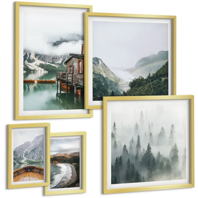 TULUP 5-Delige Schilderij Set - Berglandschappen met huisjes aan het water en in de bossen. - 50 x 50 cm, 20 x 30 cm en 40 x 60 cm - Schilderijen Set - Wanddecoratie - Woonkamer - Interieur Decoratie Gouden lijst