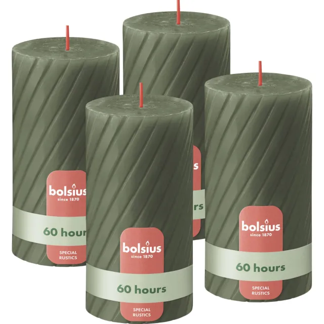 Bolsius stompkaars Rustiek gedraaid (Ø6,8x13 cm) (set van 4) groen