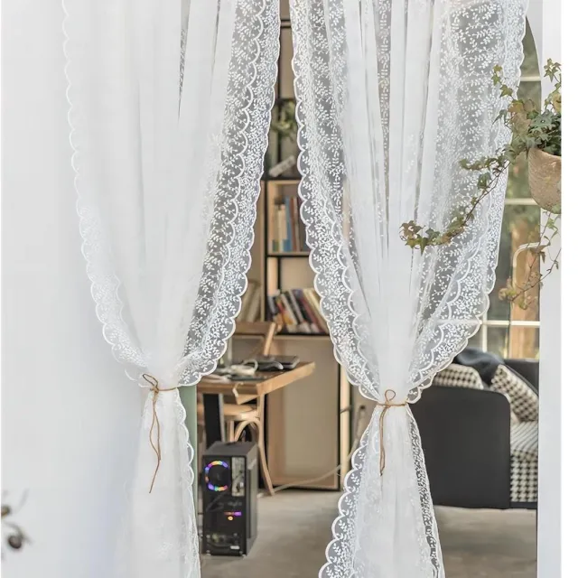 RFWR Delicate doorschijnende vitrage met kanten design voor landelijke stijl, 120x130 cm Wit met plooiband