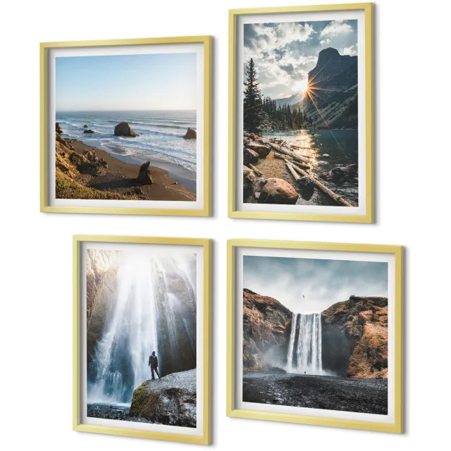 Coloray 4-Delige Schilderij Set - Watervallen in de bergen met prachtige natuurlijke landschappen - 40 x 40 cm en 40 x 60 cm - Moderne Wanddecoratie - Woonkamer - Decoratieve Schilderijen Gouden lijst